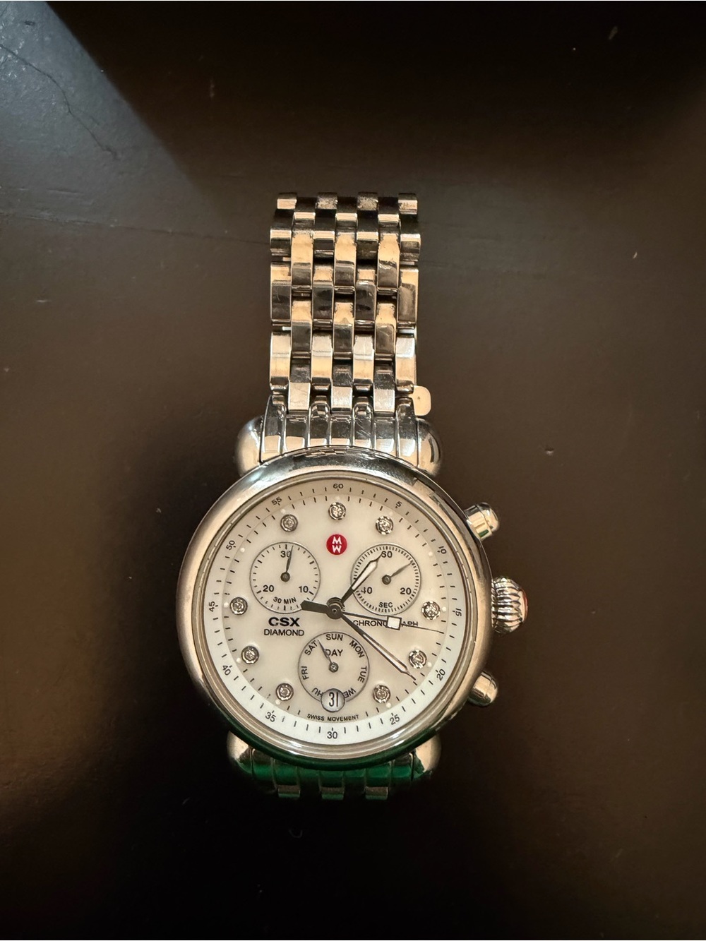 Michele Silver Stainless Steel Chronograph Watch with White Dial